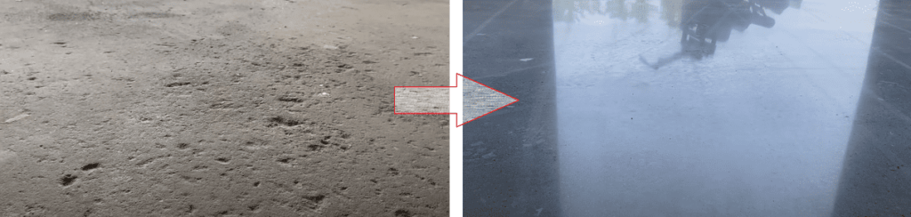 Przed i po szlifowaniem polerowaniem betonu wylewki
